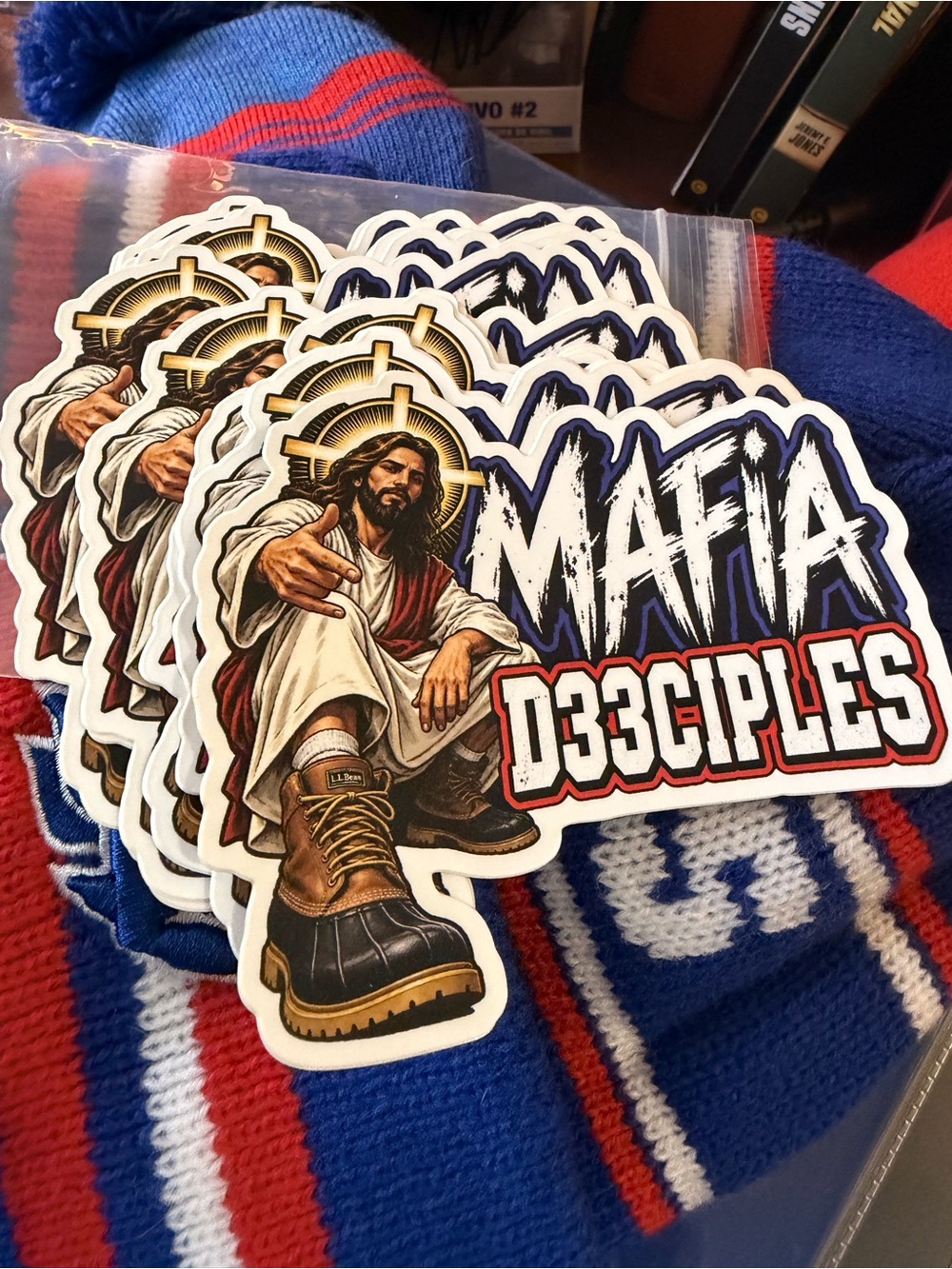 MAFIAD33CIPLES Graphic Vinyl Sticker — Blue, White & Brown
